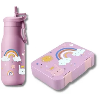 JENARD Lunchbox Brotdosen Set Kinder mit Edelstahl Trinkflasche Regenbogen, Edelstahl, PP, (Brotdosen- und Trinkflaschen-Set, 2-teiliges Set, Brotdose & Trinkflasche, Kita-Set, Kindergarten-Set), Set, BPA-frei, Lebensmittelecht, Kindgerecht, Wiederverwendbar, Robust rosa