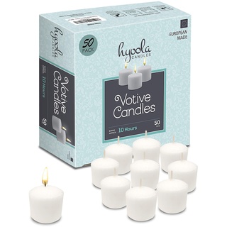 Hyoola Votivkerzen - Kerzen mit langer Brenndauer 10 Std - Gebinde Kerzen im Glas ohne Duft - Paket 50 Weiße Kleine Kerzen - In Europa Hergestellt