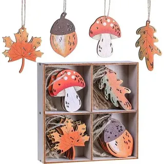 Holz Deko Hänger Herbst Pilz Ahornblatt Kiefernzapfen 24er Set