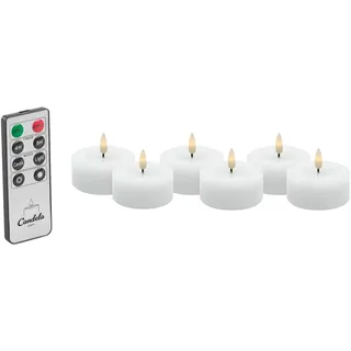 Candela Lights LED Kerzen 6er Set Ø6,8cm Winter weiß glatt Echtwachs Teelicht mit Fernbedienung & Timerfunktion Flammenlose flackernde LED-Kerze mehrstufig dimmbar