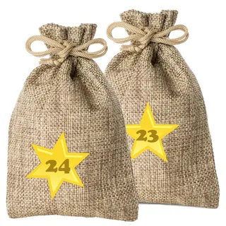 Adventino 24er Set Jutesäckchen klein (10 x 15 cm) für Adventskalender inkl. 24 Zahlen-Aufkleber, Jutebeutel/Stoffbeutel/Geschenksäckchen zum Befüllen Farbe Natur