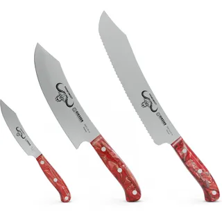 Giesser seit 1776 - Made in Germany - Messerset 3 teilig, Red Diamond, PremiumCut , Kochmesser 20 cm, Brotmesser 25 cm, Officemesser 10 cm, rot, rostfrei, Grillmesserset