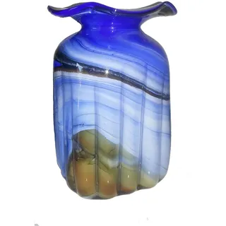 Oberstdorfer Glashütte Vase farbige Glasvase blau Weiss braun marmorierte eckige Blumenvase mit welliger grosser Öffnung mundgeblasen Höhe ca. 20 cm