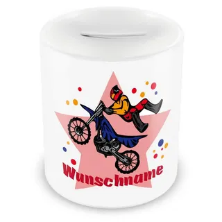 Samunshi® Kinder Spardose mit Namen und Motorrad Fahrer als Motiv für Kinder - Jungen und Mädchen Sparschwein 330ml weiß