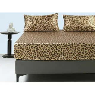 Spannbettlaken 180x200cm Boxspringbett Satin Sommer Gold Dunkelgelb Leopardenmuster Bettlaken Satin Glänzend Seide Spannbetttuch 180 x 200 Spannbetttücher Leintuch für Hohe Matratze bis 25-30 cm
