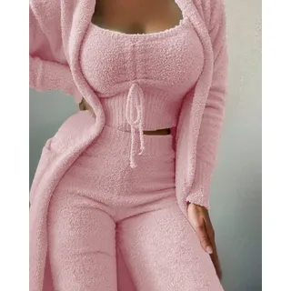 ONEMTB Nachtwäsche Robe Winter Bademantel Flauschig Fleece Morgenmantel Herbst Winter Damen Samt Pyjama Set Crop Top + Lange Hose + Mantel 3 Stück Anzug Warm Soft Fleece Homewear Pyjama S-3Xl