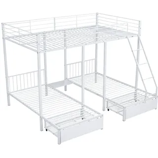 STILVORA Dreier-Etagenbett Metall weiß 140x200/90x200 cm, teilbar, mit 2 Schubladen