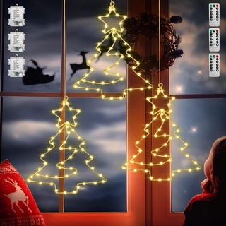 23GUANYI Fensterdeko Weihnachten Beleuchtet, 3 Stück 180 LED Fensterdeko Weihnachten Leuchte mit Timer, LED Fensterdeko Tannenbäume Beleuchtung für Fenster Beleuchtung Hängen Weihnachtsdeko(34×25 CM)