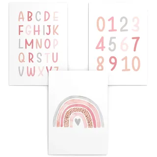 Papierschmiede® Kinderposter 3er Set Lernposter, 40x60 cm Wanddeko, Geschenk für Mädchen Kinderzimmer Vorschule| Alphabet Buchstaben, ABC Zahlen Regenbogen rosa