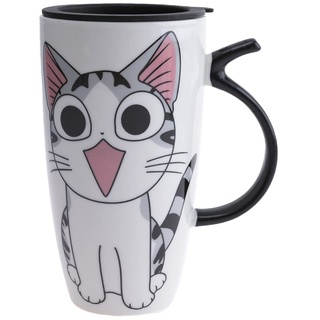 lachineuse - Tasse Katze Kawaii Happy 600 ml – große weiße XXL-Tasse aus Porzellan – japanische Tasse für Tee & Kaffee – mit Thermodeckel – Lucky Cat – Tasse Geschenkidee Japan Asien – Riesenbecher