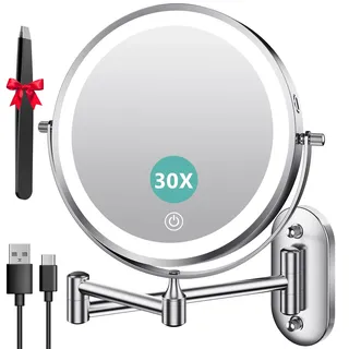 Auxmir Kosmetikspiegel mit Beleuchtung, 1X 30X Rasierspiegel Wandmontage | 3200mAh Akku, Ausziehbarer Schwenkarm, 3 Lichtfarben, Stufenlos Dimmbar und 360° Drehbar für Badezimmer und Hotel, Silber