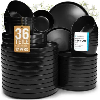 PURE LIVING INTERIOR DESIGN Geschirr-Set Manhattan aus Steingut, 36-tlg., für 12 Personen, Schwarz, 12 Personen, Steingut, Urbanes Matt-Schwarz Design, Klare moderne Formen, Massives Steingut ... schwarz