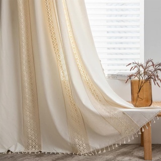 SAYT RLAE Vorhang Boho Blickdicht Vorhänge Beige Baumwolle Leinen Macrame Gardinen mit Quasten und Häkeln Stricken Vertikale Streifen für Wohnzimmer Schlafzimmer Esszimmer, 1 Stück, B150xH175cm