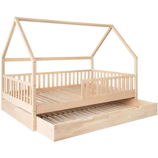 Ehrenkind® Hausbett Buche Livo | FSC Zertifiziert | Kinderbett mit Rausfallschutz | höhenverstellbar Massivholz | Kinder Bett | Hausbett 120x200 cm | Natur mit Bettkasten