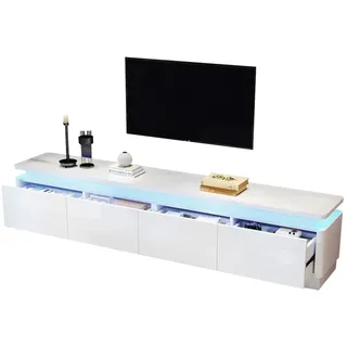 TV Schrank Lowboard 180x34x40 in Weiss Hochglanz mit LED Beleuchtung und 4 Schubladen gebogenes Design fuer 75 Zoll Fernseher