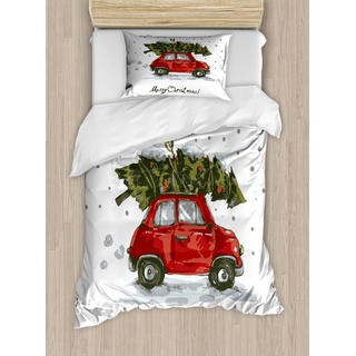 Bettwäsche Top Qualität Weich und Warm 3 Teiligen Bettbezug mit 1 Kissenbezüge, Abakuhaus, Microfaser, Weihnachten Retro-Auto mit Baum grün|rot 170 cm x 220 cm