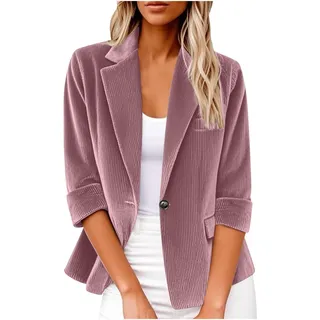 Jersey Blazer Damen 3/4 Ärmel Blazerjacke Wärmen Übergangsjacke Lässiges Slim Fit Trachtenblazer Knöpfe Kurz Jackett Büro Trenchcoat Solide Revers Sweatblazer Tailliert Cordjacke - M