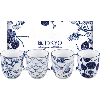 TOKYO design studio Flora Japonica 4-er Tassen-Set blau-weiß, ohne Henkel (Becher), Ø 6,7 cm, 7,7 cm hoch, 170 ml, asiatisches Porzellan, Japanisches Blumen-Design, inkl. Geschenk-Verpackung