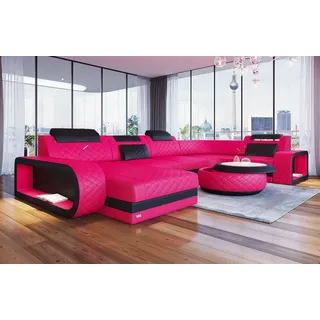 Sofa Dreams Wohnlandschaft Berlin U Form Mini Leder, Designersof, 6-Sitzer, LED-Beleuchtung, Couch, Kopfstützen, USB-Anschluss, Ottomane rosa|schwarz