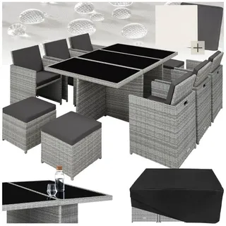 Tectake tectake® Aluminium Rattan Sitzgruppe, wetterfest und UV-beständig, für 6 bis 10 Personen, zusammenschiebbar, inklusive Schutzhülle