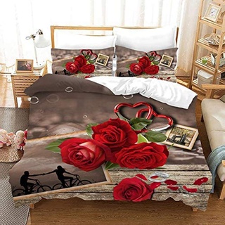 NEWAT 3D Microfaser 2/3 Teilig Bettwäsche Set mit Roten Rosen Motiv Romantischer Blumendruck Bettbezug mit Kissenbezüge (A2,135x200cm)