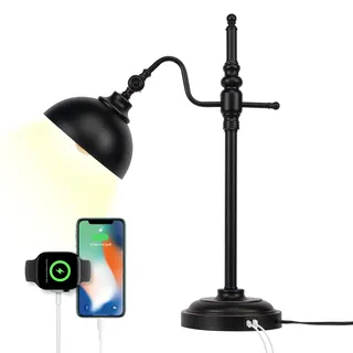 JCPYIUL Schreibtischlampe mit 2 USB-Ladeanschluss Schwarz Metall Tischlampe Industrielle Stehlampe Rustikale Moderne Vintage Arbeitslampe für Schlafzimmer Büro Wohnzimmer
