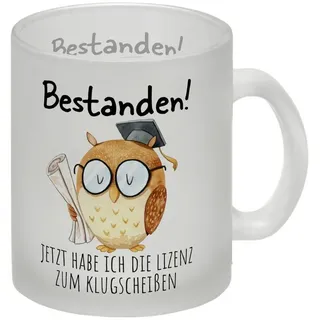 speecheese Tasse Bestandene Prüfung Eule Glas Tasse mit Spruch Lizenz zum Klugscheißen