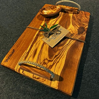 What the Art!® Olive Wood «Plancha» Gr. XL | Olivenholz Serviertablett inkl. Dip-Schälchen + Geschenk | ca. 36 x 23 x 2 cm | Tablett - Dekotablett - Servierplatte - Servierbrett