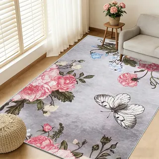 FTCJWL Waschbarer Kurzflor Teppich 120x170cm Teppich Muster Rosa Blumen Rugs for Living Room Weich rutschfest Tepich Schlafzimmer Carpet Esszimmer Bedroom Grau-Dekor