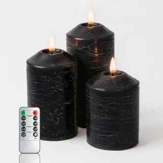 KiimLaa LED Kerzen 3er Set, Flammenlose Echtwachs Stumpenkerzen mit Fernbedienung Timer, Batteriebetriebene Flackernde LED Kerzen Dimmbar, Adventskranz Weihnachten Hochzeit Deko, Schwarz