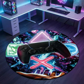 CARPETIA Gamingteppich Rund Schwebender Controller Neon Bunt Ø 160 cm | Samtig weich, rutschfest, bei 30 °C waschbar, pflegeleicht, langlebig und schmutzabweisend, für Gamingzimmer