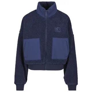 Karl Kani Bomberjacke KARL KANI "Karl Kani OG Crop Teddy Bomber Jacket", Damen, Gr. M, dunkelblau, 100% Polyester, mehrfarbig, oversize, hoch geschlossener Ausschnitt, Jacken Bomberjacke