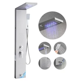Vevor Duschpaneel-Turmsystem (5 Modi) mit Regenwasserfall-Duschkopf & LED, (1345 mm) Duschsäule aus gebürstetem Edelstahl, Regenmassagesystem zur Wandmontage, mit Handbrause & Wannenauslauf