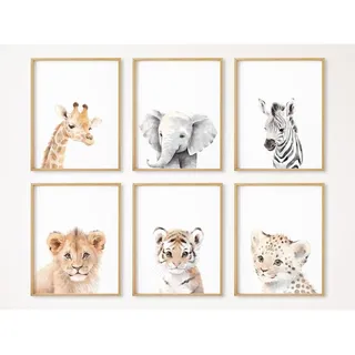 Wandkunst für Kinderzimmer, Safari-Tiere, Leinwanddrucke, Dschungel, Boho, Wandkunst, Dekoration, Baby-Poster, Bilder, Kinderzimmer, Safari, Tiermalerei für Schlafzimmer, 20,3 x 25,4 cm, ungerahmt, 6