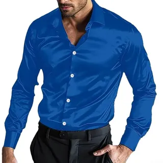 Herren-Seidenhemd aus Satin-Seide, langärmelig, Freizeithemden für Hochzeit, Party, Clubwear (XL, Marineblau)
