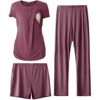 SUNNYBUY Damen Umstandsmode Stillpyjama-Set, 3-teiliges Schlafanzug Set | Kurzarm-Stillshirts, Schwangerschafts-Shorts & Hosen für jede Jahreszeit, Lounge Set Für Tag & Nacht - XXL