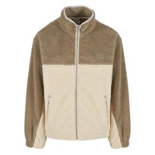Karl Kani Winterjacke KARL KANI "Karl Kani Signature Rubber Patch Teddy Zip Jacket", Herren, Gr. S, beige (lightsand, sand), 100% Polyester, mehrfarbig, normal, amerikanischer Ausschnitt, Jacken Winterjacke