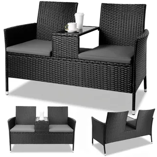 TLSUNNY Wetterfest Balkonmöbel Set mit Kissen, 2-Sitzer Gartenmöbel Set mit Tisch, 2PCS Sitzkissen, Rattan Balkonmöbel, Groß Polyrattan Gartenbank, Bequem und Atmungsaktiv, 120X54X83cm, Schwarz