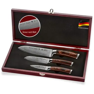 Wakoli EDIB 3-teiliges Küchenmesser Set aus Damaststahl (VG10 Kern) mit Gravur in Holzbox – 2 Santoku & Officemesser – Scharf & ergonomisch – personalisiertes Geschenk für Männer & Papa zu Weihnachten