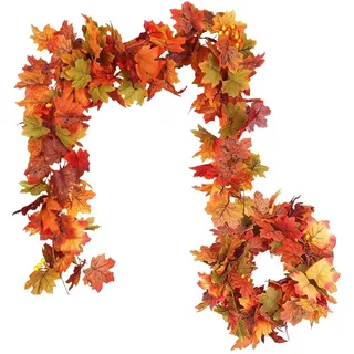 2 Herbstgirlanden – Herbstkranz-Dekoration, Herbstgirlande, Ahornblätter, künstliches Rattan, Hochzeitsdekoration, Herbstkranz-Dekoration, Erntedank-Aufhänger für Kamin, Tür, 1,7 m