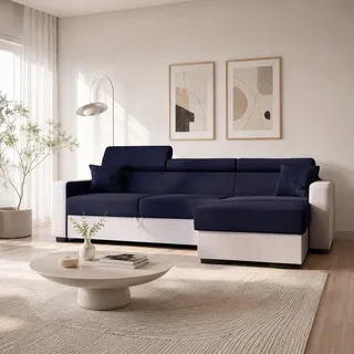 GOLDSTOFF DIWIA Ecksofa 202 x 130 cm mit Schlaffunktion & Bettkasten – Schlafsofa L-Form mit Kopfstützen Stauraum (Blau+Weiß) - Blau/Weiß