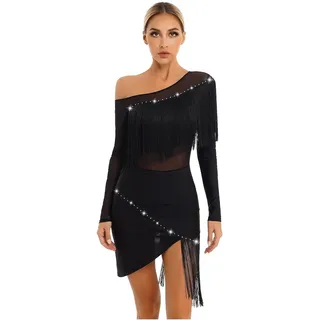 Lateinische Tanzkleidung Damen Latein Tanzkleid mit Quaste und Fransen, unregelmäßiges Kleid, Tango, Latein, Cha-Cha, Samba, Kleider, Pailletten, Ballsaal, Performance-Kostüme(Black,XXL)