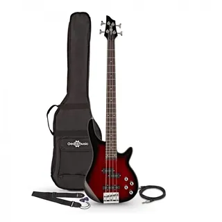 Chicago Bassgitarre 4 Saiten mit Gigbag & Kabel von Gear4music Rot | Vielseitiger Ton für Spieler aller Levels, ultra-komfortabler leichter Korpus, glatter Ahornhals mit breiten Cutaways
