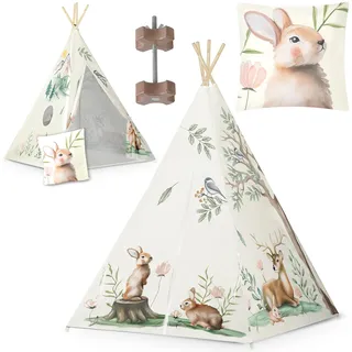 Nukido Tipi Zelt Für Kinder Tippi Kinderzelt Montessori Spielzelt Lesezelt Kinderspielzelt Für Drinnen Mit Zeltstabilisator Dekokissen Weiß Grün Braun 114x114x165 cm