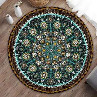 Highdi Teppich Rund 40cm/60cm/80cm/100cm/120/140cm Klassiker Böhmen rutschfest Schlafzimmer Teppiche Innenbereich Runder Teppich Teppiche für Wohnzimmer Kinderzimmer Büro (140cm,Mandala)