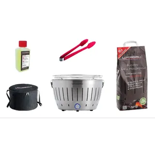 LotusGrill Starter-Set Classic 1x Grill Edelstahl mit USB-Anschluß, 1x Buchenholzkohle 2,5 kg, 1x Brennpaste 200ml, 1x Würstchenzange (Farbe nach Vorrat), 1x Transport-Tragetasche