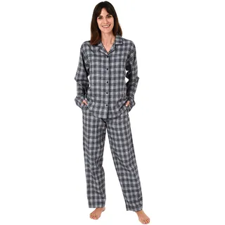 Damen Flanell Pyjama Schlafanzug Langarm kariert – auch in Übergrößen 281 201 95 991, Farbe:grau, Größe2:48/50 - 48