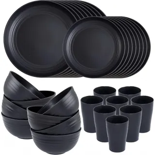32Pcs Camping Geschirr Set für 8 Personen, Leicht Wiederverwendbar Kunststoff-Geschirrset inkl. Schüssel, Teller, Becher, Umweltfreundliche Unzerbrechliche Plastikgeschirr für Picknick