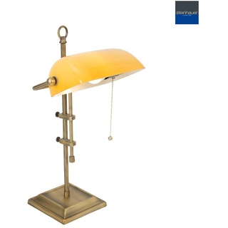 Steinhauer Tischleuchte / Banker-Leuchte ANCILLA, E27, Höhe verstellbar + neigbar, mit Zugschalter-Kette, Bronze / Glasschirm, Gelb STE-7735BR