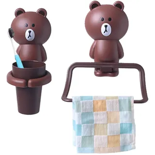 Jauhmui Zahnputzbecher Handtuchhalter Set für Kinder ohne Bohren (Braunbär)